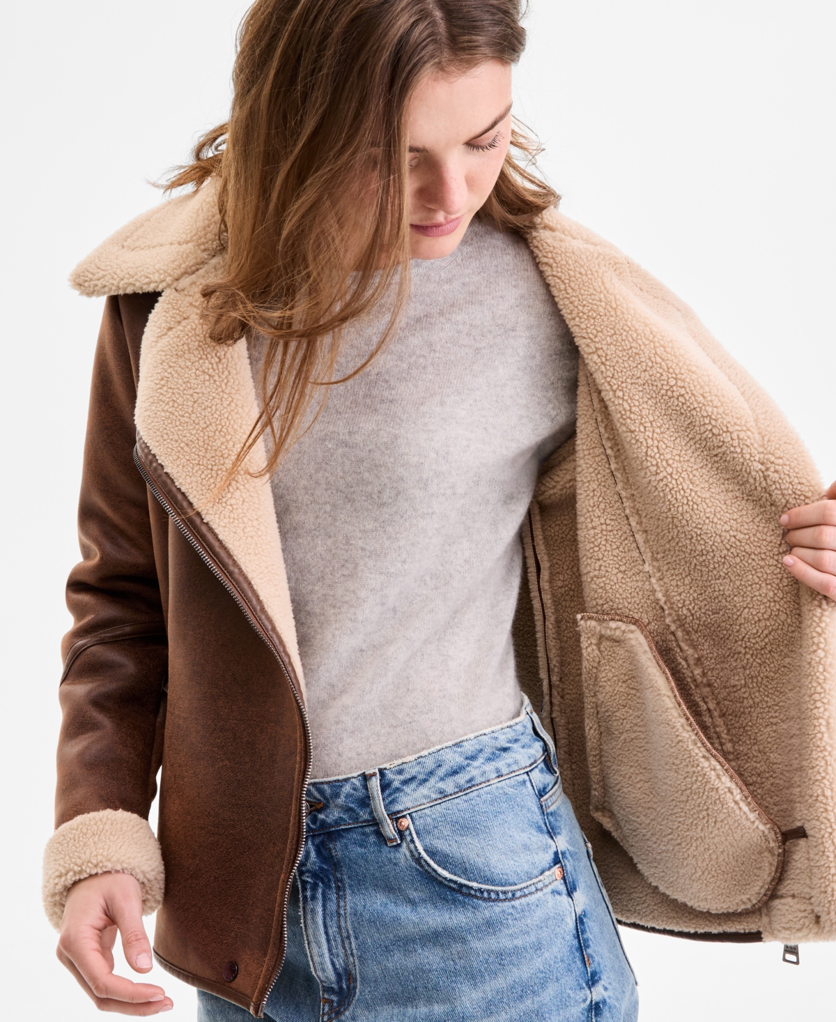 Steve Madden Women's Asymmetric Faux-shearling Coat In Brown