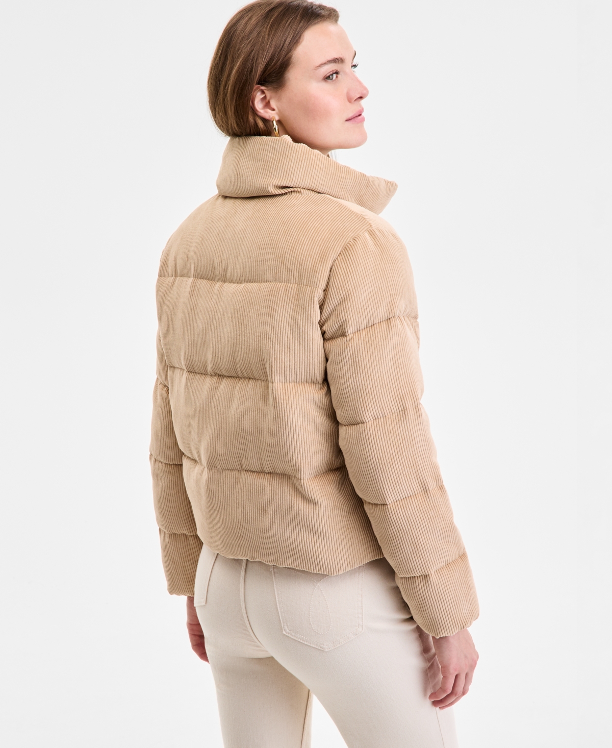 Steve Madden Women's Corduroy Zip-front Puffer Coat In Nude