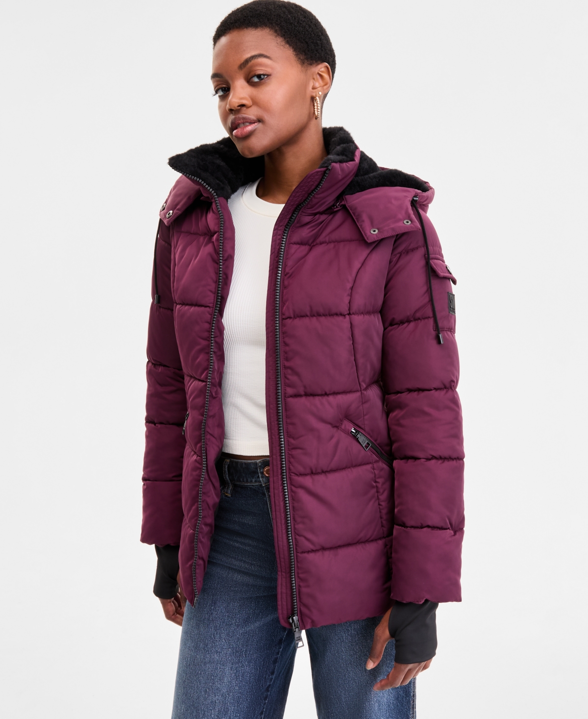 Steve Madden Women's Faux-fur-trim Hooded Puffer Coat In Burgundy