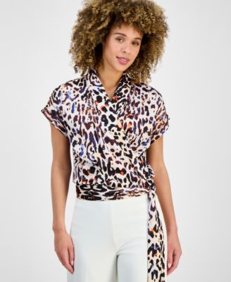 Tahari ASL - Women's Printed Short-Sleeve Faux-Wrap Top