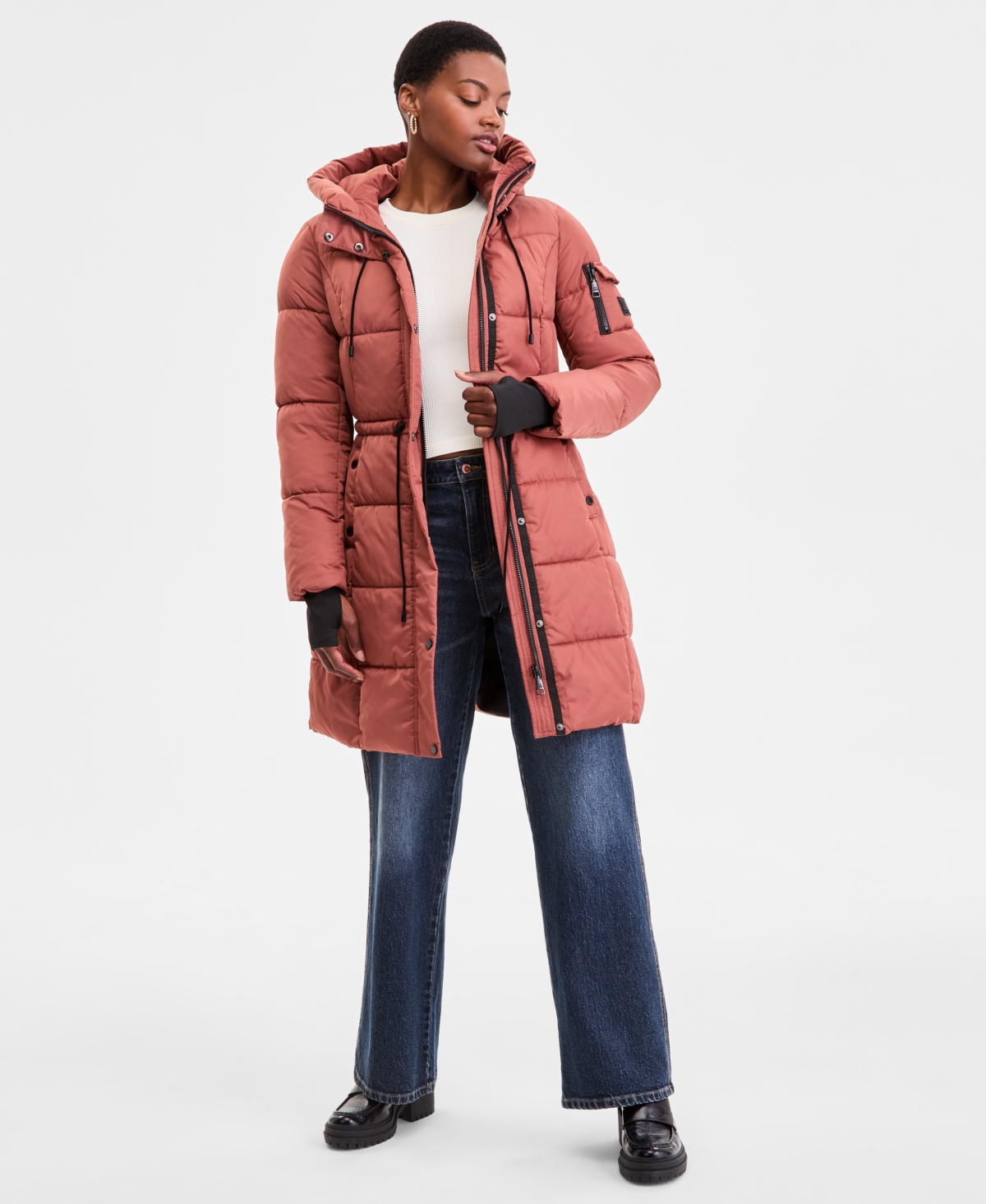 Steve Madden Plus Size Hooded Anorak Puffer Coat In Brown