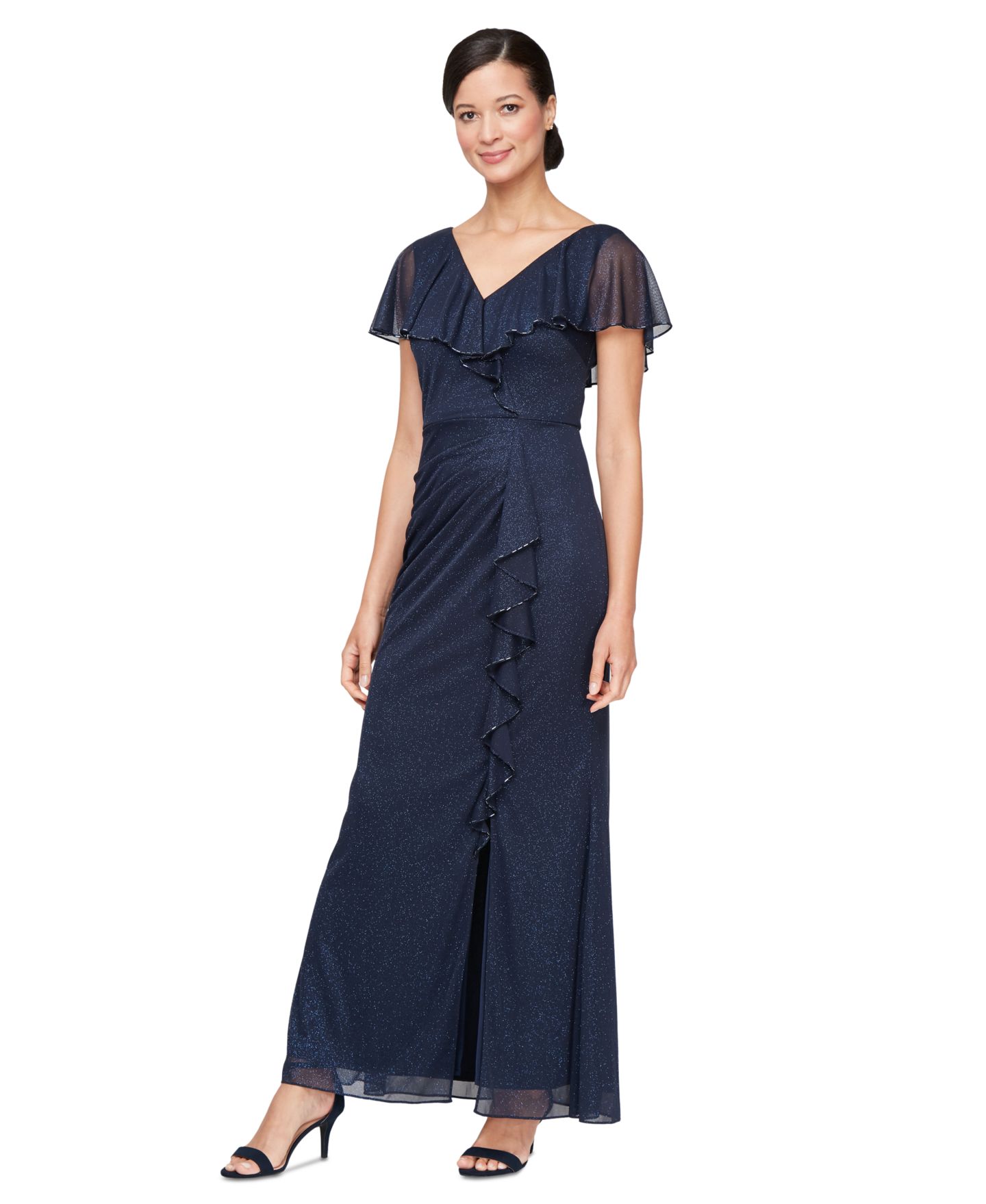 Женское платье SL Fashions Petite Ruffled Flutter-Sleeve Gown, цвет: Тёмно-синий — фото 1
