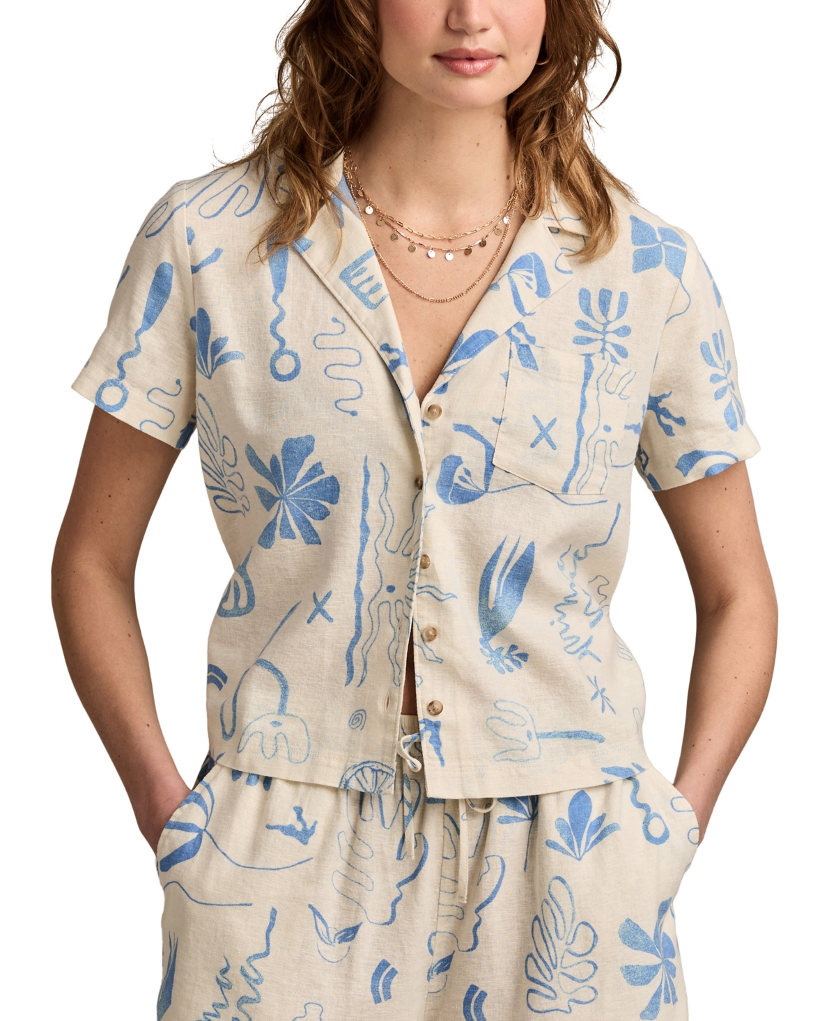 Lucky Brand Print Linen Blend Short Sleeve Button-up Camp Shirt In White