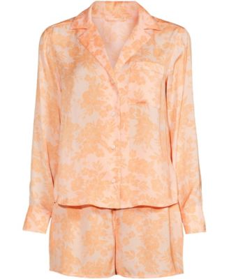 Women's Matte Satin 2 Piece Pajama Set - Long Sleeve Top and Shorts