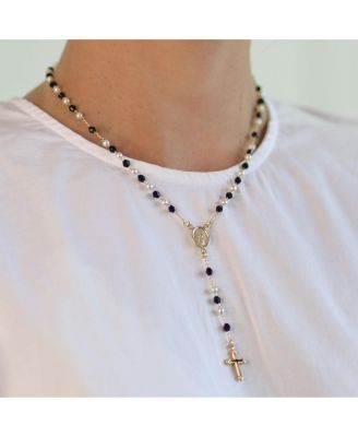 Dainty Black & White Pearl Virgin Mary Rosary Necklace with Cross Gold Plated