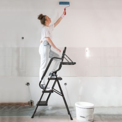 3 Step Folding Ladder with Handrails and Tool Tray 330 lb Capacity Steel Frame Step Stool