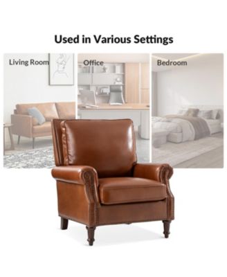 Wajeeh 33"W Mid-Century Modern Buttery Genuine Leather Accent Chair With Solid Wood Legs