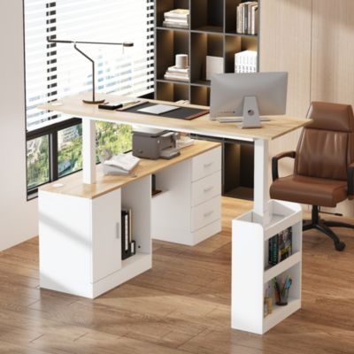 63 in. W L- Shaped Adjustable Height Desk Ergonomic Stand Up Desk White Home Office Sit With Memory Preset Controller