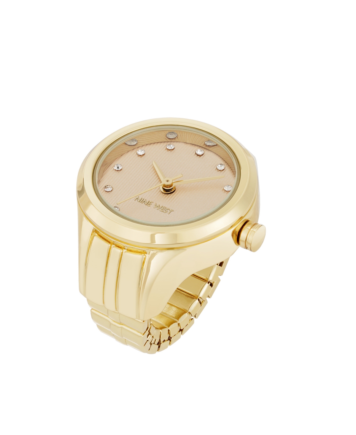 NINE WEST WOMEN'S QUARTZ GOLD-TONE METAL ALLOY CRYSTAL ACCENTED DIAL RING WATCH, 23MM 