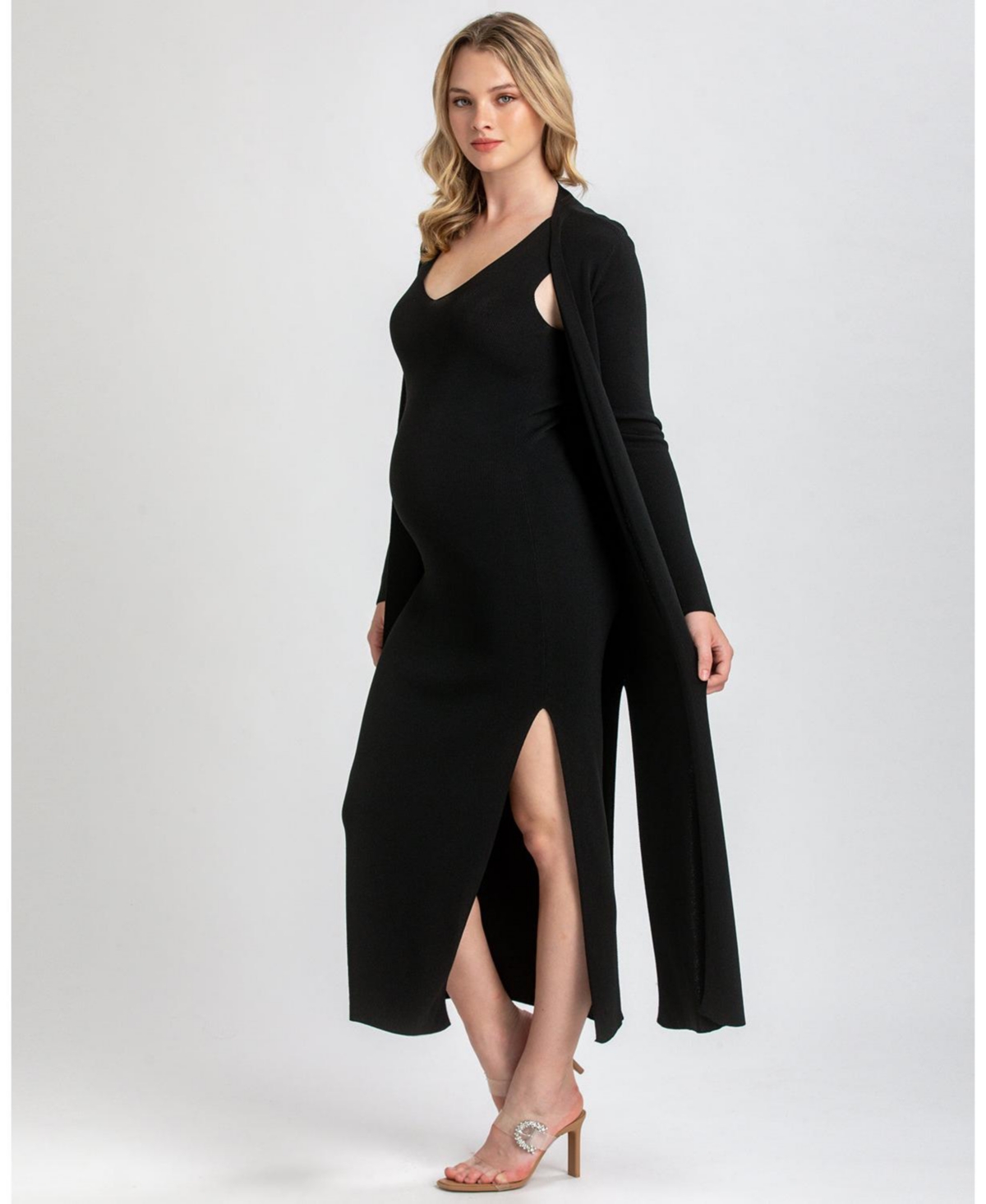 Pietro Brunelli Maternity Maternity Soft Viscose Knit V-neck Side Slit Dalia Dress In Black