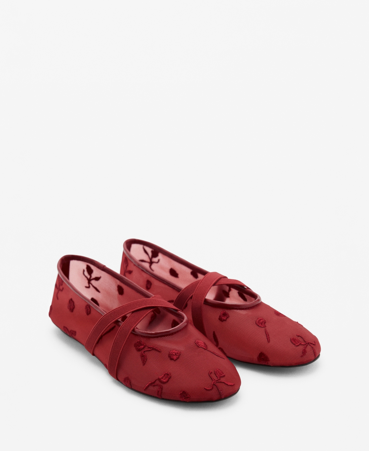 Mango Ballerina Flats With Cross Straps With Embroidered Flowers Red In Red