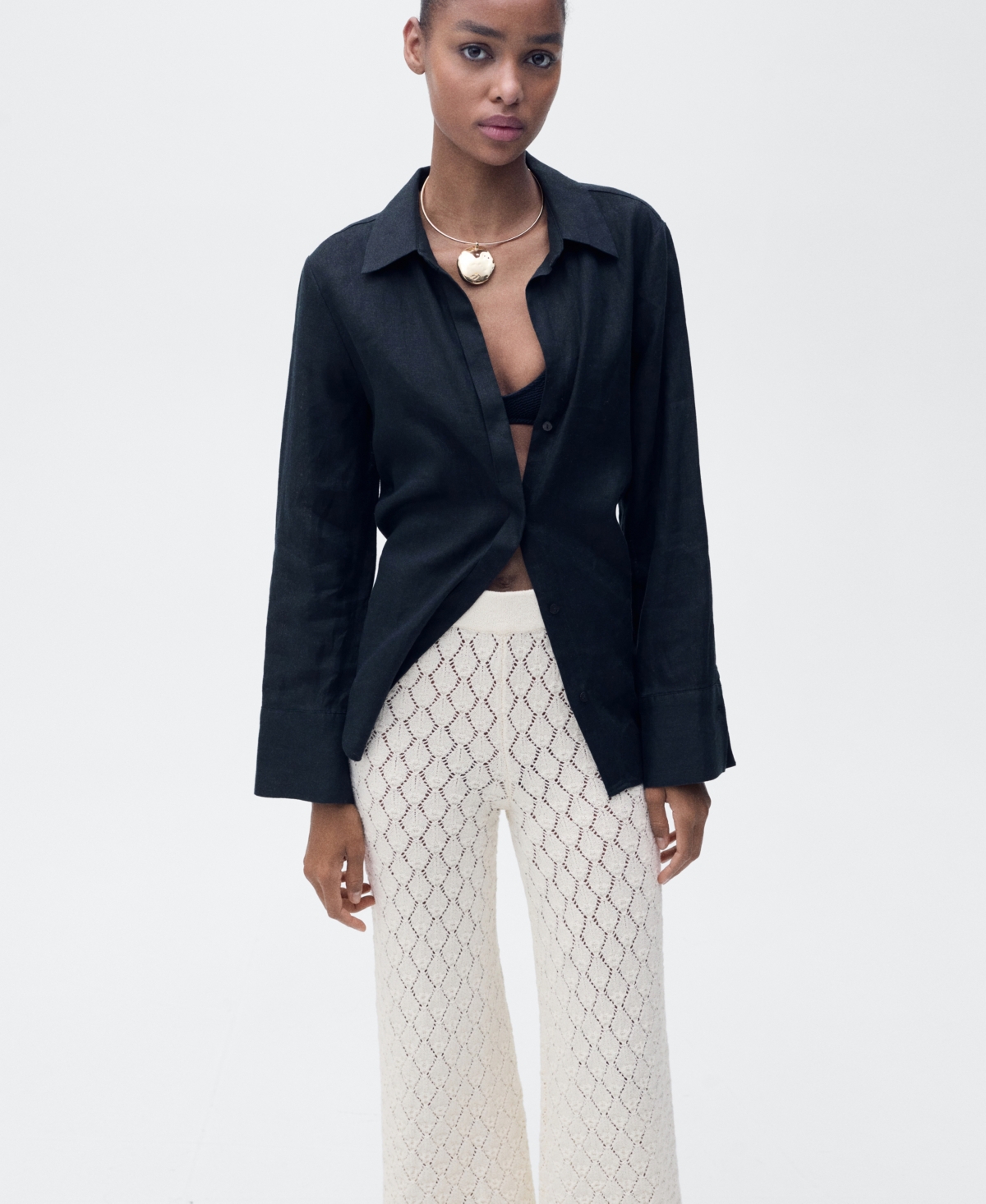 Shop Mango Women's Straight Openwork Knit Pants In Ecru