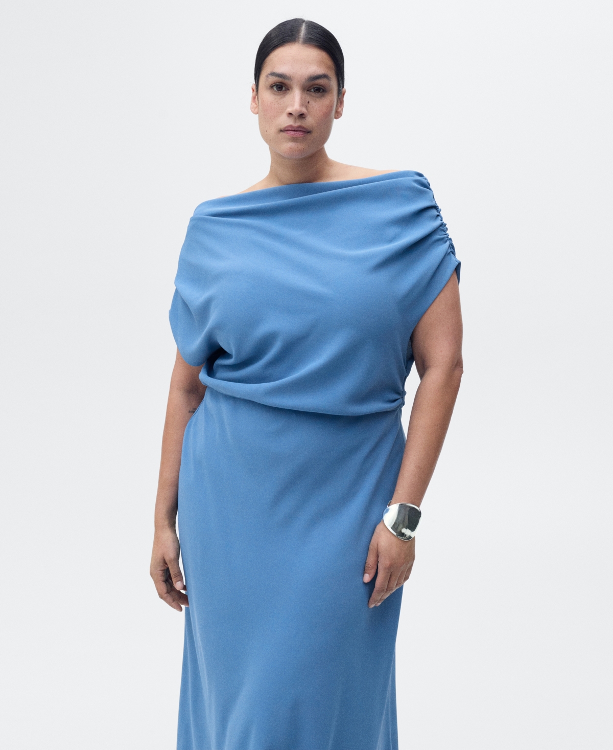 Mango Asymmetrical Neck Midi Dress Blue In Blue
