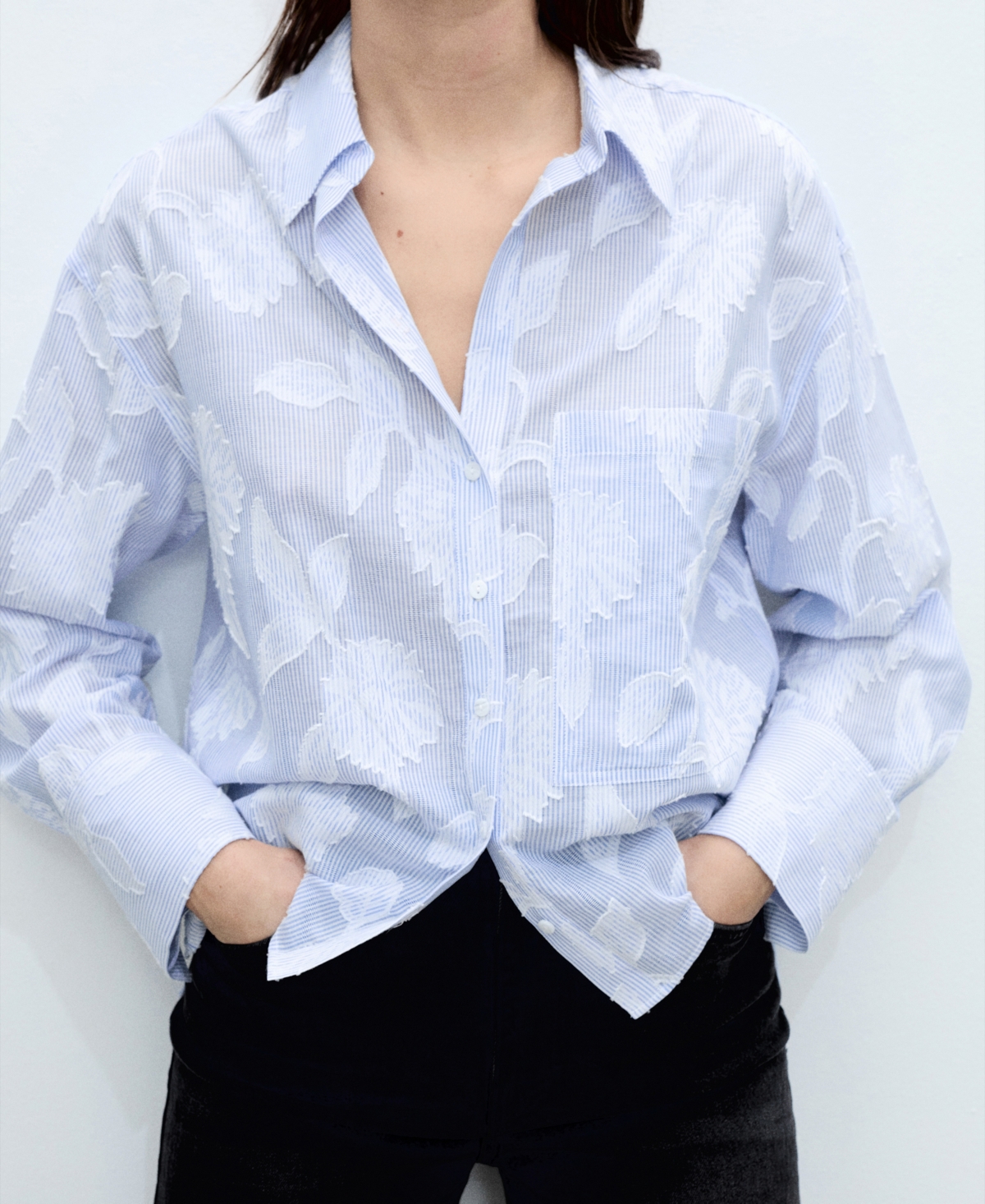 Mango Oversize Embroidered Floral Stripe Button-up Shirt In Sky Blue
