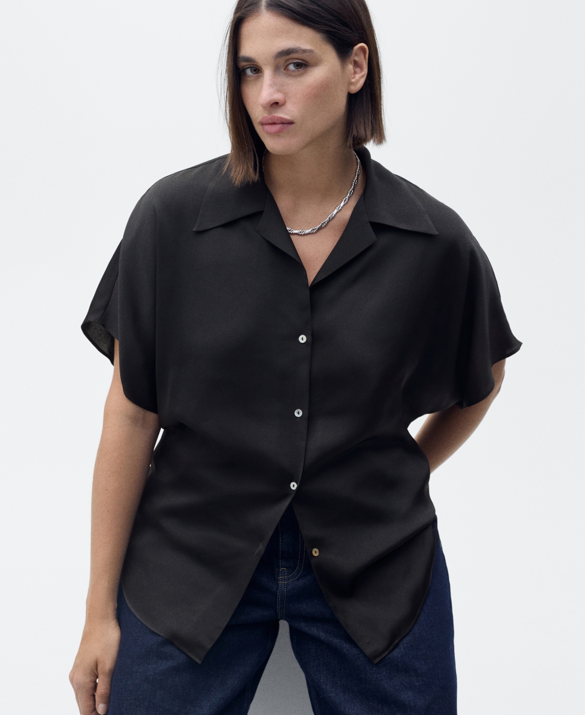 Shop Mango Women's Short-sleeved Satin Shirt In Black