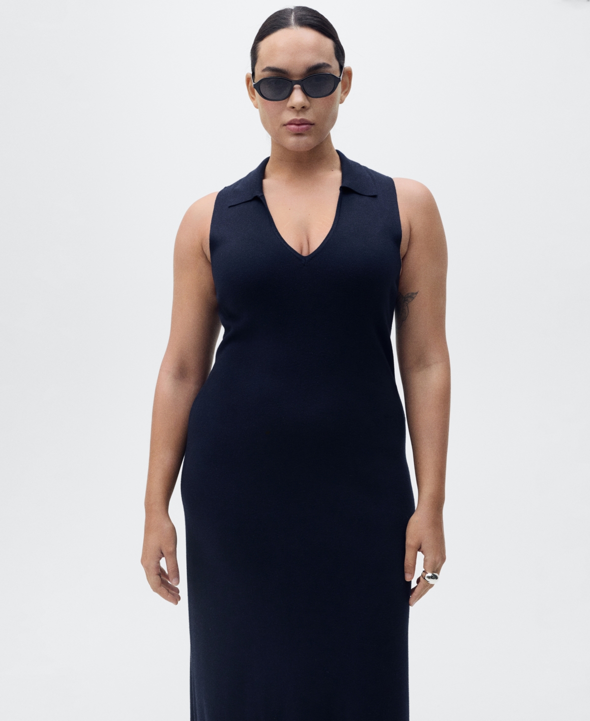 Shop Mango Women's Lapel Knitted Midi Dress In Dark Navy