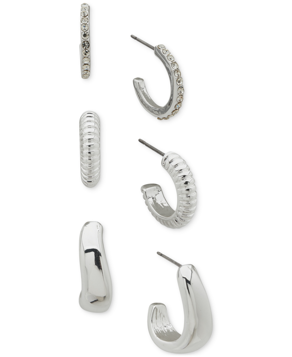 Silver-Tone 3-Pc. Set Pave & Puffy C-Hoop Earrings - Crystal