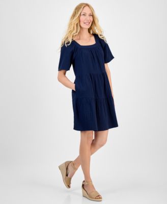 Style & Co - Petite Square-Neck Short-Sleeve Tiered Dress