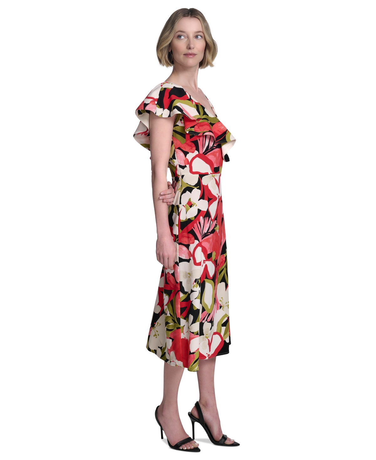 HALSTON WOMEN'S PRINTED ASYMMETRIC RUFFLED MIDI DRESS 