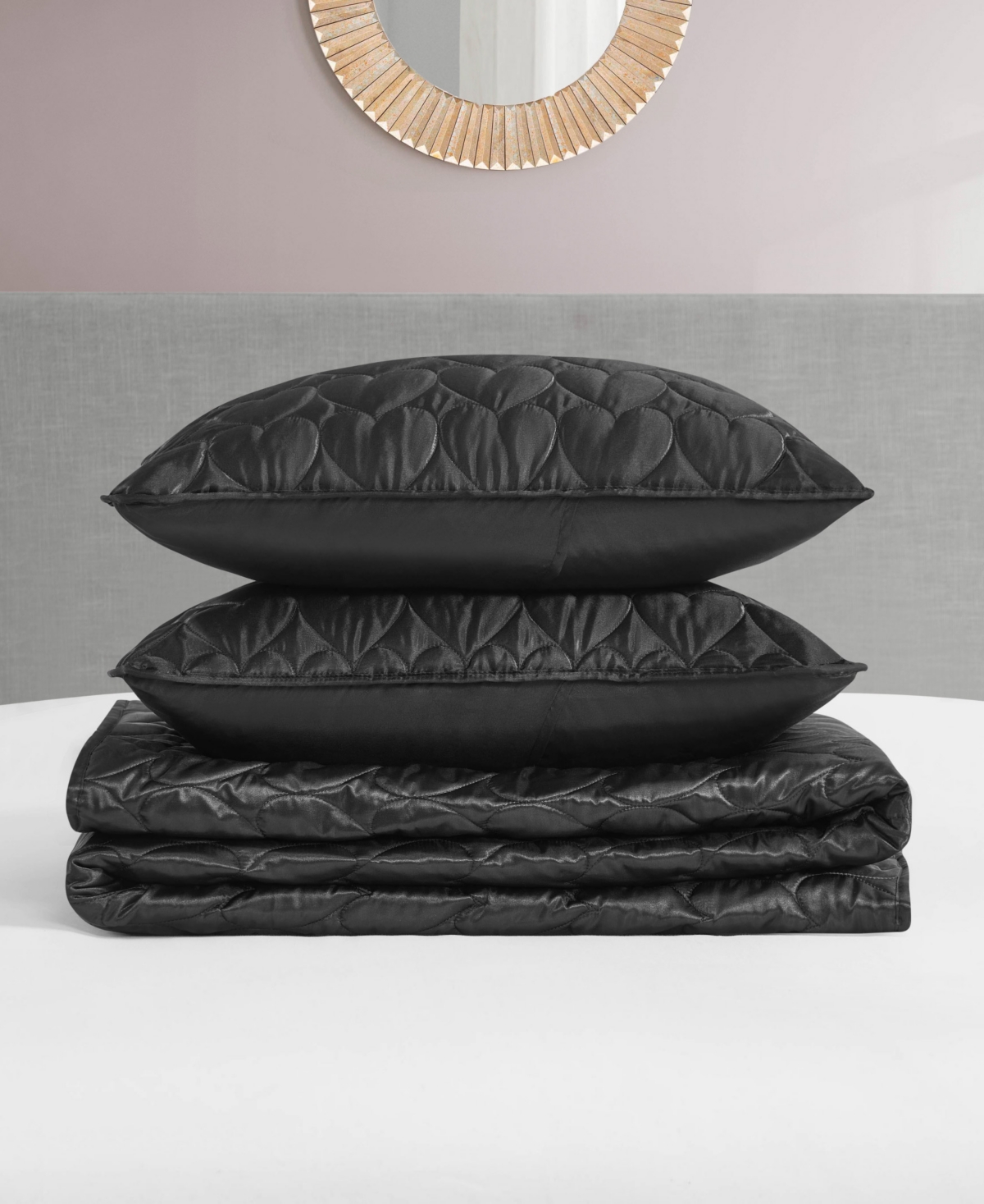 Juicy Couture Satin Heart Stitched 3 Pc. Quilt Set, King In Black