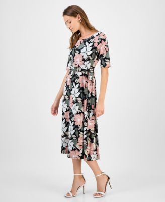 Women's Printed Elbow-Sleeve Midi Dress, Regular & Petite
