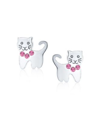 Set of 2 Mini Petite Blue & Pink Crystal Cat Stud Earrings in Sterling Silver
