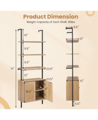 71 Inch 6-Tier Wall Mounted Ladder Bookshelf with Rattan Cabinet-Natural