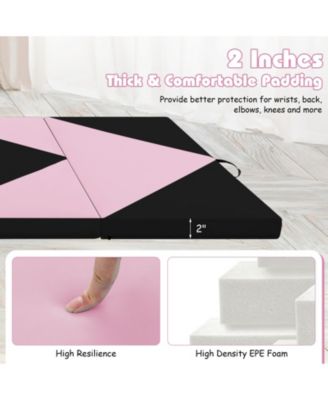 8 Feet PU Leather Folding Gymnastics Mat with Hook and Loop Fasteners-Black & Pink