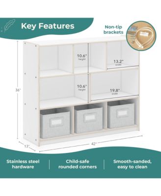 EdQ 3-Shelf 8-Compartment Storage 36" - Natural: Kids' Wooden Cubby Cube Bookshelf with Bins for Toys and School Supplies