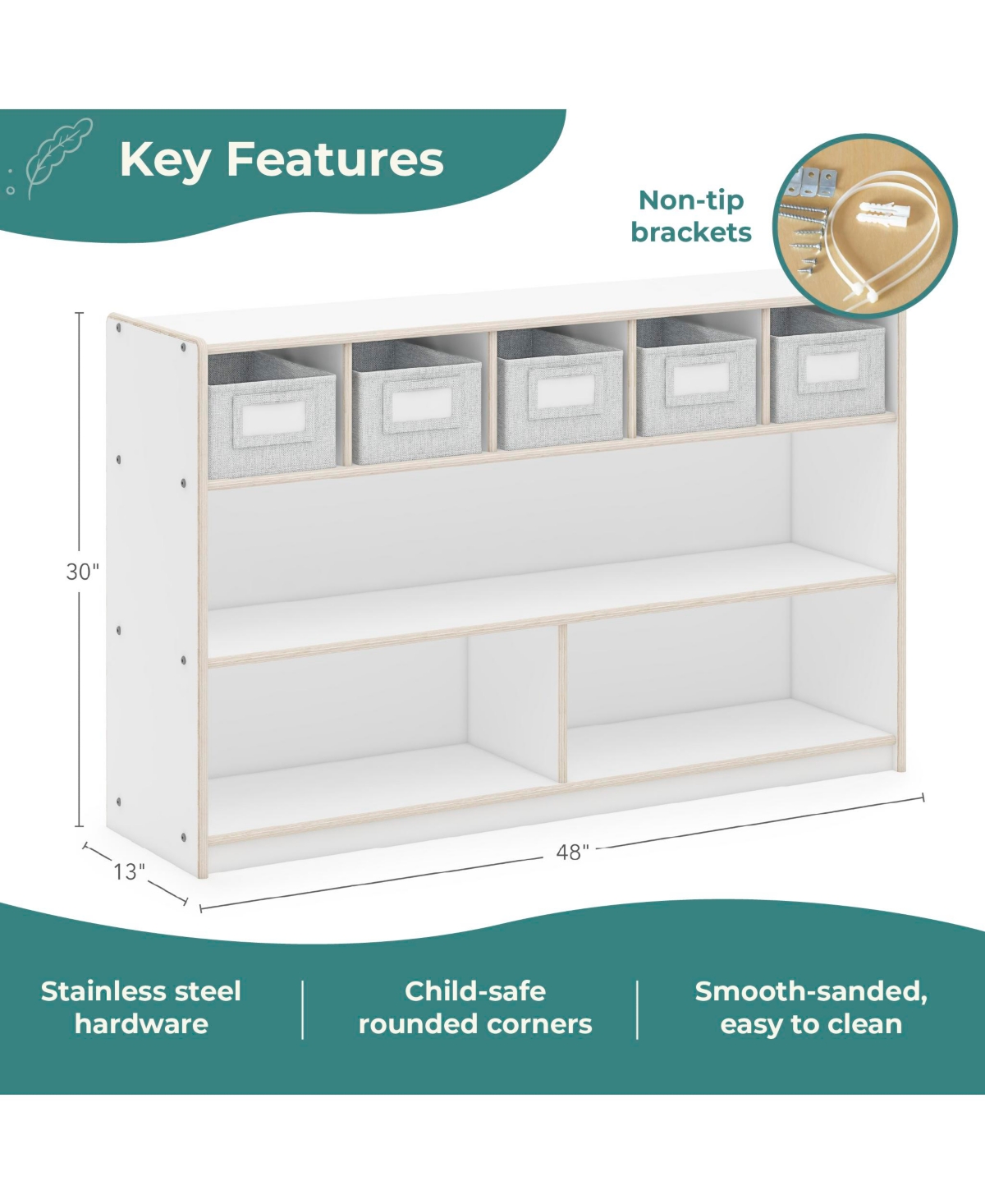 Guidecraft EdQ Shelves and 5 Bin Storage Unit 30" - Natural: Children's Wooden Toy Storage Organizer for Kids' Bedrooms and Playrooms