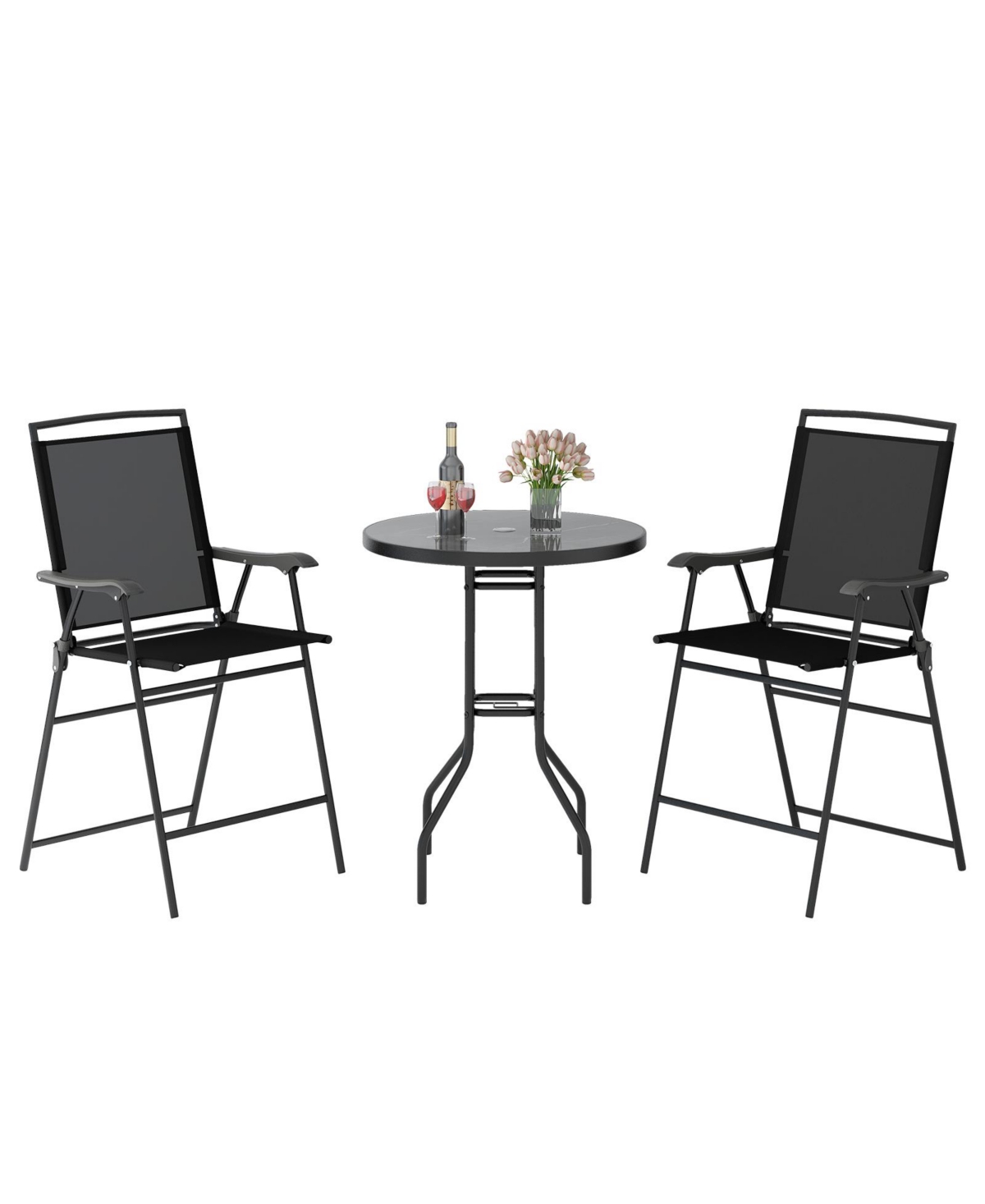 3 Pieces Outdoor Bar Stool Set with Dpc Tabletop and Umbrella Hole for Poolside-Black - Black