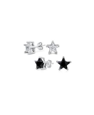 Set of 2 Small Black & Clear Celestial USA CZ Star Stud Earrings Sterling Silver