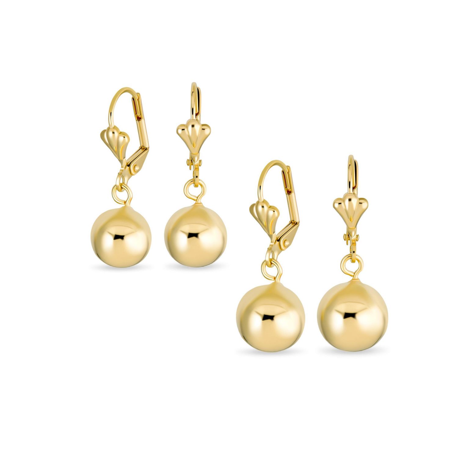 Classic Polished Gold Plated 6,10MM Ball Drop Earrings Lever Back (2 Set)