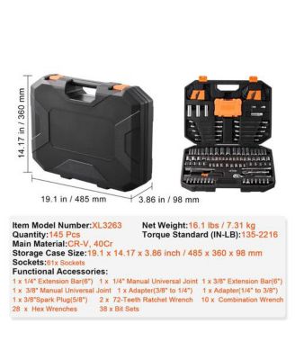 Mechanics Tool Set And Socket Set, Drive Deep And Standard Sockets, 145 Pcs SAE And Metric Mechanic Tool Kit With Bits, Combination Wrench, Hex Wrenches, Accessories, Storage Case