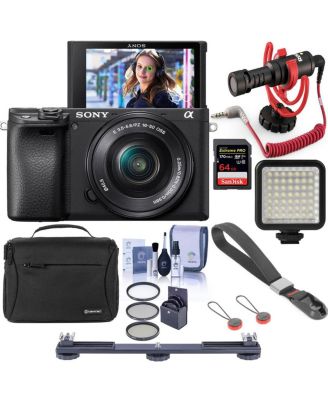 Alpha a6400 24.2MP Mirrorless Digital Camera with 16-50mm f/3.5-5.6 OSS Lens - Bundle With RODE Compact On-Camera Mic, 64GB SDXC Card, Peak Cuff