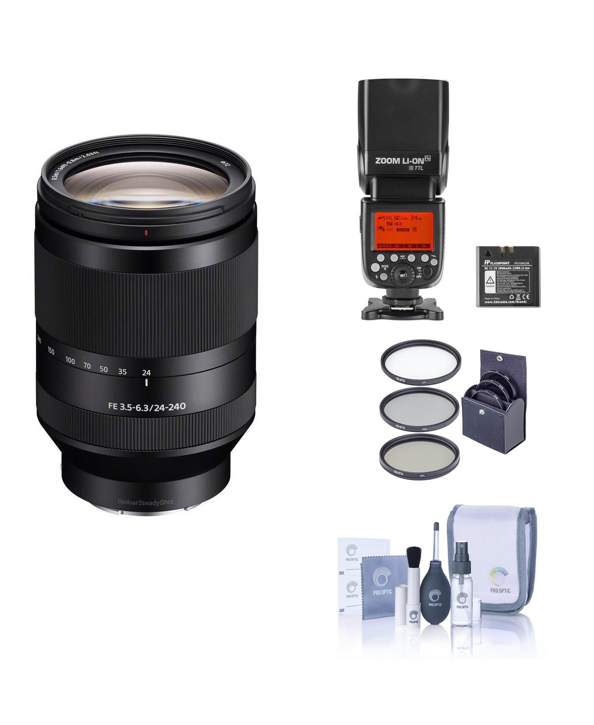 Sony Fe 24-240mm f/3.5-6.3 Oss Lens for Sony E, Bundle with Flashpoint Zoom Li-ion R2 Ttl On-Camera Flash Speedlight, 72mm Filter Kit, Cleaning Kit