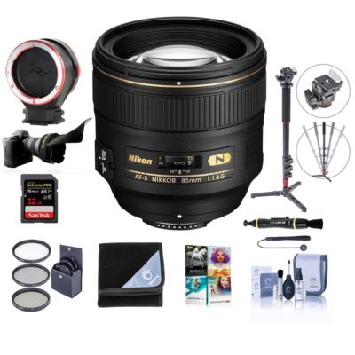 85mm f/1.4G IF AF-S NIKKOR Lens - Bundle    with 77mm Filter Kit, Peak Lens Changing Kit      Adapter, 4-Section Aluminum Monopod, Flex Lens