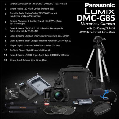 LUMIX DMC-G85 Mirrorless Camera w/12-60mm f/3.5-5.6 LUMIX G OIS Lens Bundle with Memory Card, Bag, Microphone, Tripod, Battery, Charger,