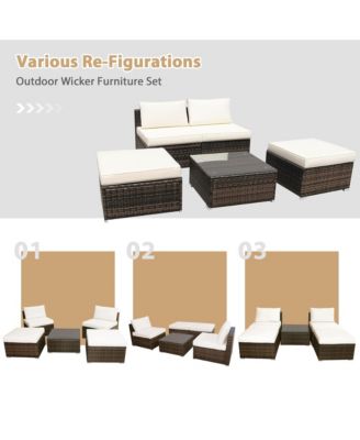 5PCS Outdoor Furniture Set Patio Rattan Armless Chair & Ottoman w/ Cushion