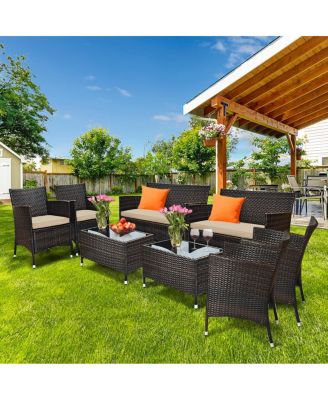 8PCS Patio Garden Rattan Furniture Set Coffee Table Cushioned Sofa