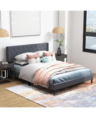 Queen Size Upholstered Platform Bed with Button Tufted Wingback Headboard-Gray
