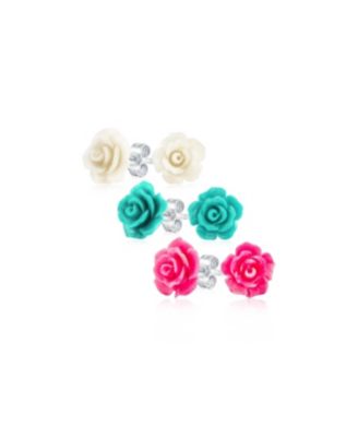 Romantic Delicate Floral 3D Carved Lavender Purple Black Flower Red Rose Stud Earrings (Set of 3)
