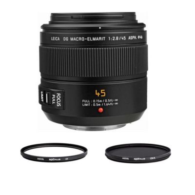 LUMIX G Leica DG Macro-Elmarit 45mm f/2.8 Aspherical Lens for Micro Four Thirds, Bundle with Hoya 52mm UV+CPL Filter Kit and Cleaning Cloth