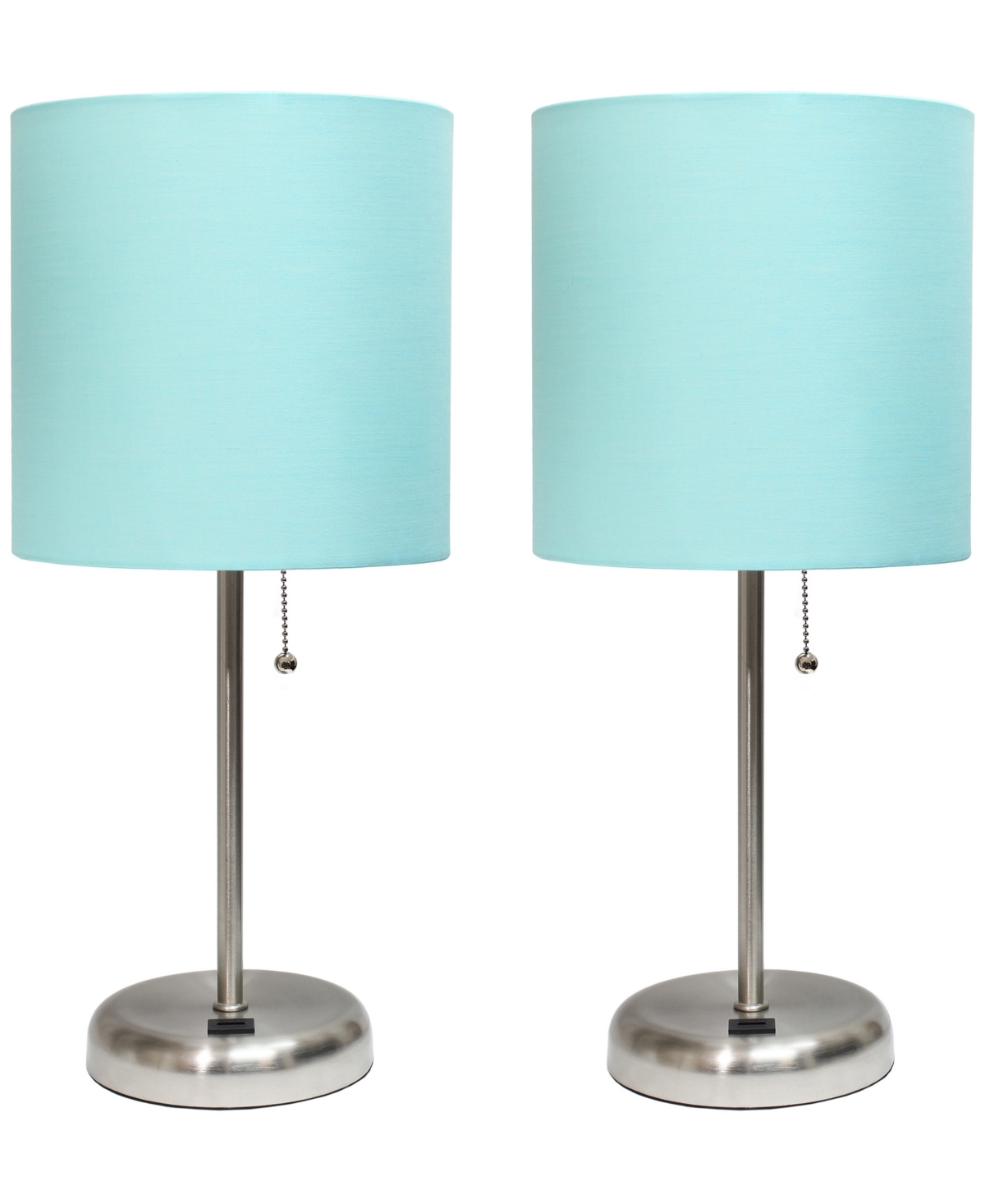 Creekwood Home 19.5" Metal Oslo Contemporary Bedside Duo Table Lamp Set In Brushed Steel,aqua Shade