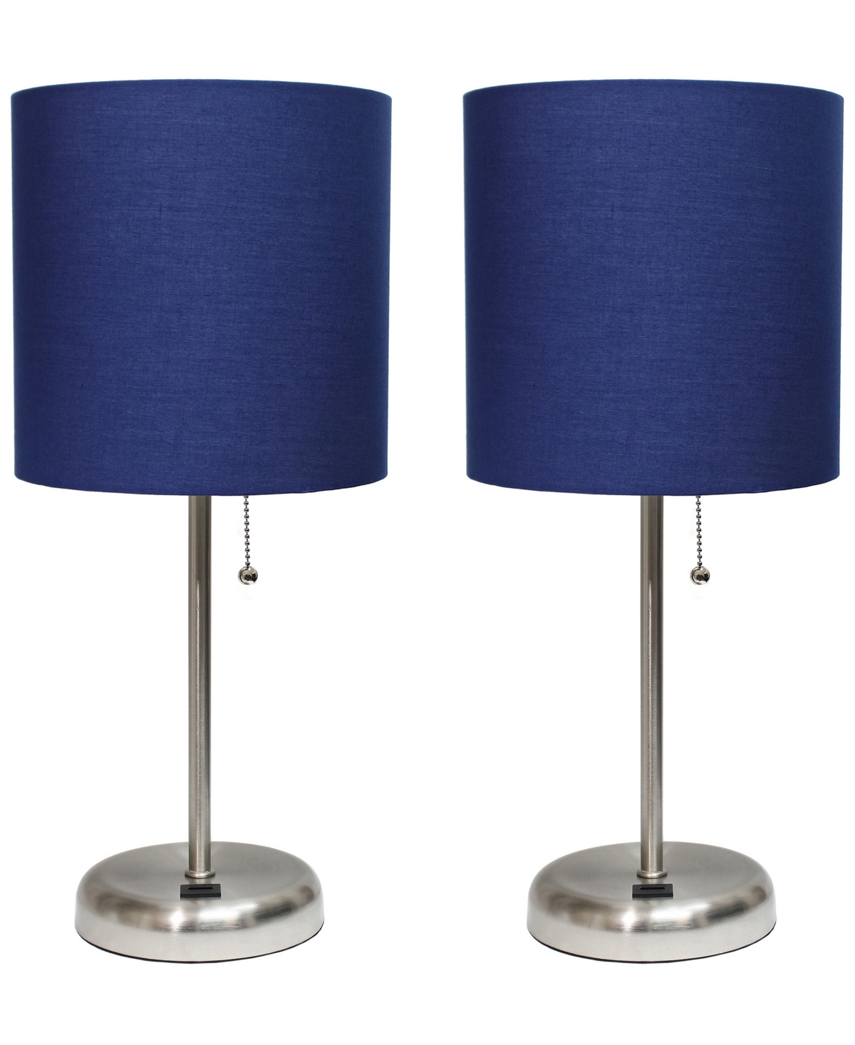 Creekwood Home 19.5" Metal Oslo Contemporary Bedside Duo Table Lamp Set In Brushed Steel,navy Blue Shade