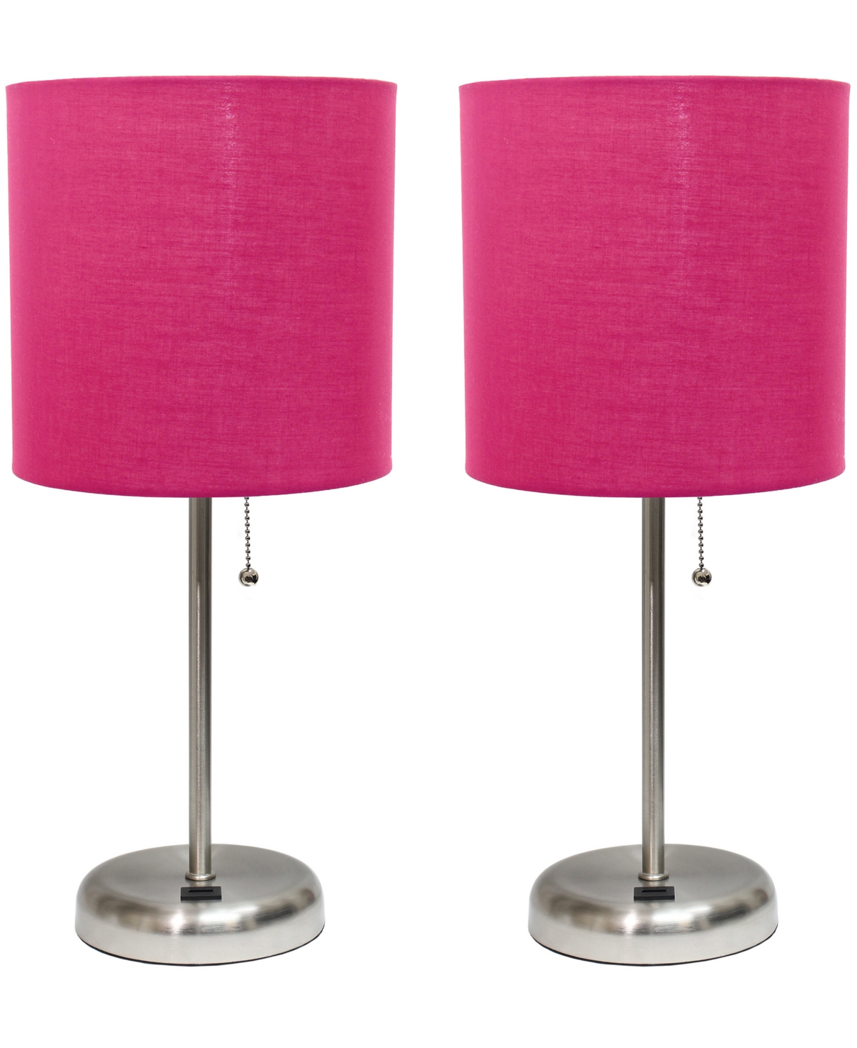 Creekwood Home 19.5" Metal Oslo Contemporary Bedside Duo Table Lamp Set In Brushed Steel,pink Shade