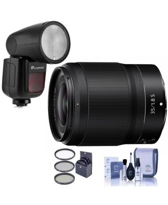 NIKKOR Z 35mm f/1.8 S Lens, Bundle with Flashpoint Zoom Li-on X R2 TTL On-Camera Round Flash Speedlight, 62mm Filter Kit, Cleaning Kit
