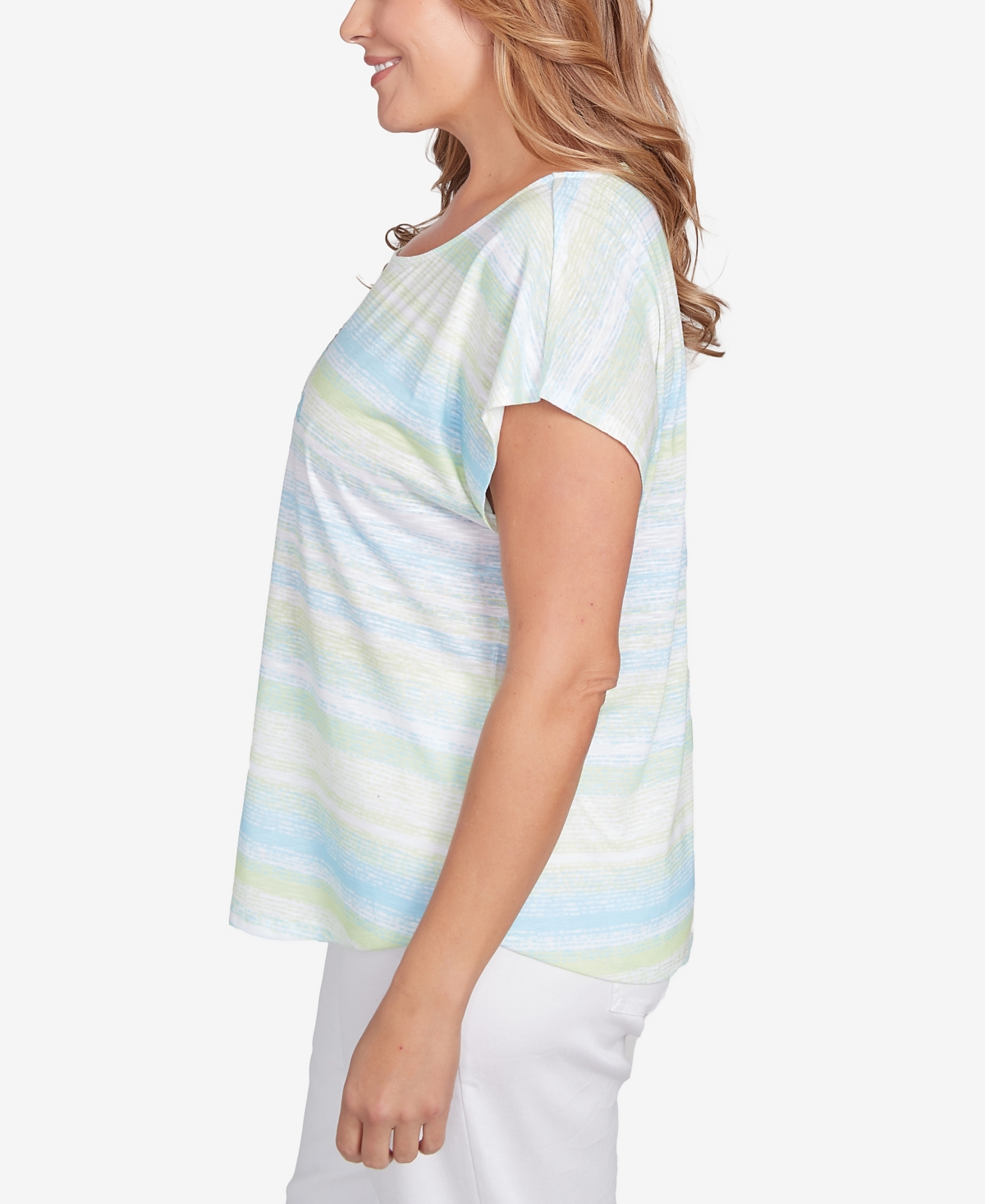 Hearts Of Palm Plus Size Tree Print Scoop Neck Top In Bright Green Multi