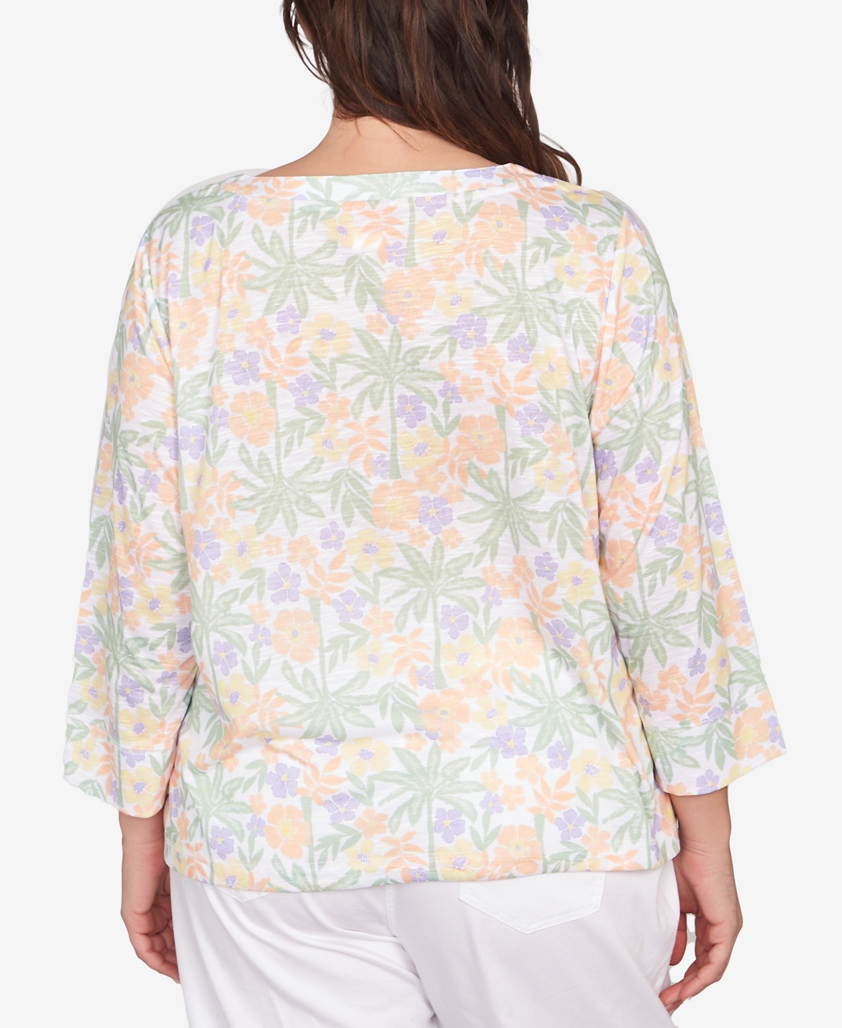 Hearts Of Palm Plus Size Three Quarter Sleeve Drawstring Top In Light Green Multi