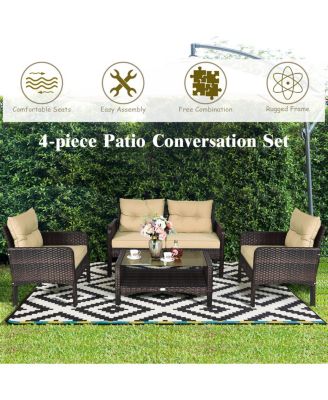 4PCS Patio Rattan Furniture Set Loveseat Sofa Coffee Table Garden W/ Cushion